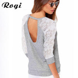Rogi Women Blouses 2018 Spring Autumn Patchwork Lace Blouse Long Sleeve Sexy Backless Shirt Women Tunic Tops Blusas Femininas