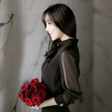 Spring Autumn OL Loose Stand Collar Chiffon Transparent Long Sleeve Simple Womens Blouses Tops Shirt Black S/M/L/XL/XXL