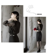 Spring Autumn OL Loose Stand Collar Chiffon Transparent Long Sleeve Simple Womens Blouses Tops Shirt Black S/M/L/XL/XXL