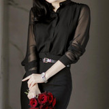 Spring Autumn OL Loose Stand Collar Chiffon Transparent Long Sleeve Simple Womens Blouses Tops Shirt Black S/M/L/XL/XXL
