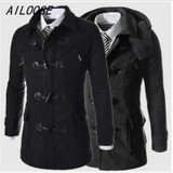 AILOOGE Winter Men Fashion Buttons Hooded Woolen Long Trench Coat Blends Men Casual Warm Handsome Woolen Long Coat Blends Trench