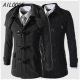 AILOOGE Winter Men Fashion Buttons Hooded Woolen Long Trench Coat Blends Men Casual Warm Handsome Woolen Long Coat Blends Trench