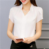 AIJI summer stand collar women shirts OL office puff short sleeve chiffon blouses ladies formal work wear clothes slim tops