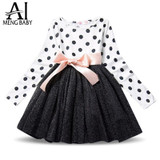 Ai Meng Baby Winter Dress For Girl Long Sleeve Bow Princess Girls School Dresses Polka Dot Toddler Girls Clothes Baby Clothing
