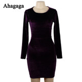 Ahagaga Women Velvet Dress 2017 Autumn Solid Purple Fashion Long Sleeve O-neck Basic Elegant Sheath Dress Women Dresses Vestidos