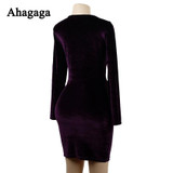 Ahagaga Women Velvet Dress 2017 Autumn Solid Purple Fashion Long Sleeve O-neck Basic Elegant Sheath Dress Women Dresses Vestidos