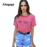 Ahagaga 2018 Spring Summer Tees T-shirt Women Tops Fashion Letter Print Striped Regular O-neck Casual Sexy Women T-shirts Blusas