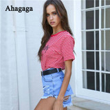 Ahagaga 2018 Spring Summer Tees T-shirt Women Tops Fashion Letter Print Striped Regular O-neck Casual Sexy Women T-shirts Blusas