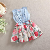BibiCola 2017 baby girls flower dress summer Floral clothing for kids toddler sleeveless cotton casual vest dresses Denim color