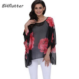 BHflutter New 2018 Women Blouses Floral Print Casual Loose Summer Shirts Batwing Sleeve Brief Chiffon Tops Plus Size 4XL 5XL 6XL