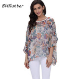BHflutter New 2018 Women Blouses Floral Print Casual Loose Summer Shirts Batwing Sleeve Brief Chiffon Tops Plus Size 4XL 5XL 6XL