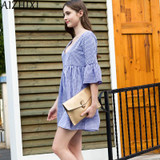 AIZHIXI Casual Plaid Dolls Dress 2017 Summer Women Sexy Backless V-neck Dress Ruffles Flare Sleeve Ladies Dresses
