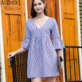 AIZHIXI Casual Plaid Dolls Dress 2017 Summer Women Sexy Backless V-neck Dress Ruffles Flare Sleeve Ladies Dresses