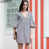 AIZHIXI Casual Plaid Dolls Dress 2017 Summer Women Sexy Backless V-neck Dress Ruffles Flare Sleeve Ladies Dresses