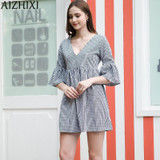 AIZHIXI Casual Plaid Dolls Dress 2017 Summer Women Sexy Backless V-neck Dress Ruffles Flare Sleeve Ladies Dresses