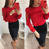 AISORIG 2018 New Fashion Casual Blouse Women O-Neck Full Long lantern Sleeve Hollow Out Mesh Ruffles Blouse Sexy Tops