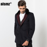 Aismz Brand Woolen Fur Collar Detachable Mens Jacket Warm Overcoat Outwear Casual Autumn Winter Windbreaker Trench For Men 1658