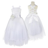Kids Girls Wedding Girls Bridesmaid Dress Princess Party Pageant Formal Dress Crossed Back Sleeveless Lace Tulle Dress 2-14Y