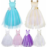 Kids Girls Wedding Girls Bridesmaid Dress Princess Party Pageant Formal Dress Crossed Back Sleeveless Lace Tulle Dress 2-14Y