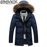 BTKSYXGS 2017 New winter men's down jacket coat parka Fashion Medium-long Thick warm large fur collar Hooded outerwear overcoat