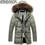 BTKSYXGS 2017 New winter men's down jacket coat parka Fashion Medium-long Thick warm large fur collar Hooded outerwear overcoat