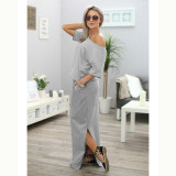2017 Sexy Summer Women Boho Maxi Dress Short Sleeve Side Slit Loose Evening Party Long Beach Dress with Pocket Vestidos LS0023