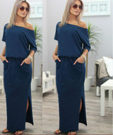 2017 Sexy Summer Women Boho Maxi Dress Short Sleeve Side Slit Loose Evening Party Long Beach Dress with Pocket Vestidos A390516