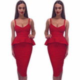 2017 Sexy Red Black White Khaki Pink Yellow Green Women Party Dress Ruffles Knee Length Vestidos Two Piece Set Bandage Dresses