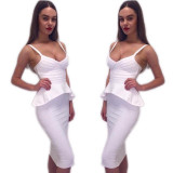 2017 Sexy Red Black White Khaki Pink Yellow Green Women Party Dress Ruffles Knee Length Vestidos Two Piece Set Bandage Dresses