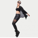 2017 Sexy Punk Black Lace Up Faux Leather Gothic Pant High Waist See Through Mesh Legging Pants Women Trousers Clubwear
