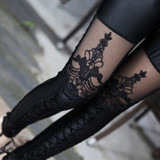 2017 Sexy Punk Black Lace Up Faux Leather Gothic Pant High Waist See Through Mesh Legging Pants Women Trousers Clubwear