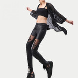 2017 Sexy Punk Black Lace Up Faux Leather Gothic Pant High Waist See Through Mesh Legging Pants Women Trousers Clubwear
