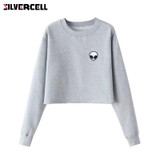 Alien Printed Long-sleeved Women Sweatshirt 2017 New Autumn Velvet Hoodie Loose Casual Short Sweatshirts Crop Top