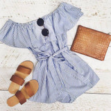 VITIANA Brand Women 2017 Summer Blue stripe Short Jumpsuit Romper Off Shoulder Slash Neck Suit Overalls Sexy Beach Playsuit