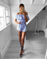 VITIANA Brand Women 2017 Summer Blue stripe Short Jumpsuit Romper Off Shoulder Slash Neck Suit Overalls Sexy Beach Playsuit