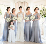 2017 Cheap Silver Bridesmaid Dresses Long Sleeves Chiffon Lace Bridesmaids Dress Pregnant Maid of Honor Gowns For Wedding Guests