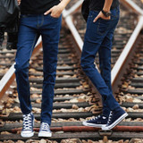 Left ROM 2017 New Men's Fashion Boutique Blue Thin Leg Leisure Jeans / Men High Quality Pure Color Slim Casual Jeans Men Pants