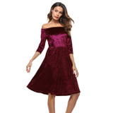 LASPERAL Sexy Slash Neck Dress 2017 Autumn Velvet Dresses Slim Women Half Sleeve Vestidos Elegant Pleated Dresses Top Quality
