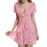 LASPERAL Ruffle Floral Print Summer Dress Beach Irregularities Sexy Dress Women Deep V Neck Short Sleeve Wrap Chiffon Dress