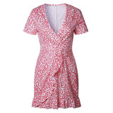 LASPERAL Ruffle Floral Print Summer Dress Beach Irregularities Sexy Dress Women Deep V Neck Short Sleeve Wrap Chiffon Dress