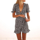 LASPERAL Ruffle Floral Print Summer Dress Beach Irregularities Sexy Dress Women Deep V Neck Short Sleeve Wrap Chiffon Dress