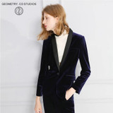 2017 spring  Fashion Women Midnight Navy Slim Velvet Blazer Jacket single Breasted silk shawl collar  High Grade OL Clothing