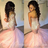 2017 Sparkle Crystals Beaded Pink African Prom Dresses Mermaid Black Girls Luxury Gold Party Dress Corset Long Evening Gowns