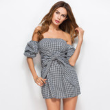 2017 Slash Neck Casual Plaid Dress With Bow