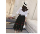 2017 Skirt Vintage Embroidery Floral Tulle skirt all-match Waist Fold slim Pleated Skirts Women's tutu skirt Ukraine Black