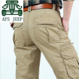 AFS JEEP Original Brand Pure Cotton Cargo Pant For Men's Plus Size Many Pockets Thick leisure Full Length Overall Solid Pants