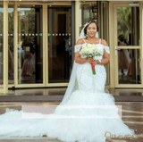 African Plus Size Wedding Dresses Spaghetti Straps Lace Appliques Beadding Capped Mermaid Wedding Dress Tiered Tulle Long Bridal