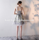 robe de soiree courte Short Prom Dress 2017 Sexy Silver Lace Prom Gowns Tulle Robe De Cocktail Special Occasion Dress Ball Gown