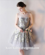 robe de soiree courte Short Prom Dress 2017 Sexy Silver Lace Prom Gowns Tulle Robe De Cocktail Special Occasion Dress Ball Gown