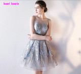 robe de soiree courte Short Prom Dress 2017 Sexy Silver Lace Prom Gowns Tulle Robe De Cocktail Special Occasion Dress Ball Gown